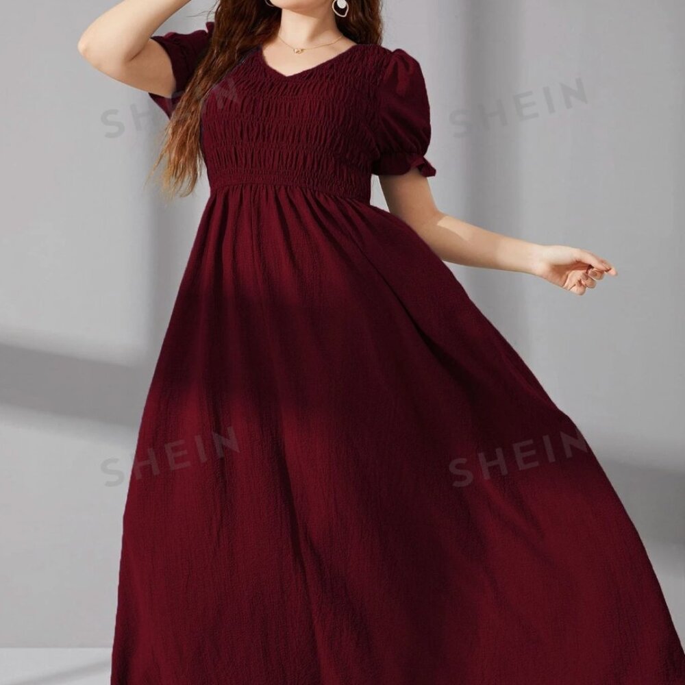SHEIN Mulvari Plus Shirred Puff Sleeve A-line Dress